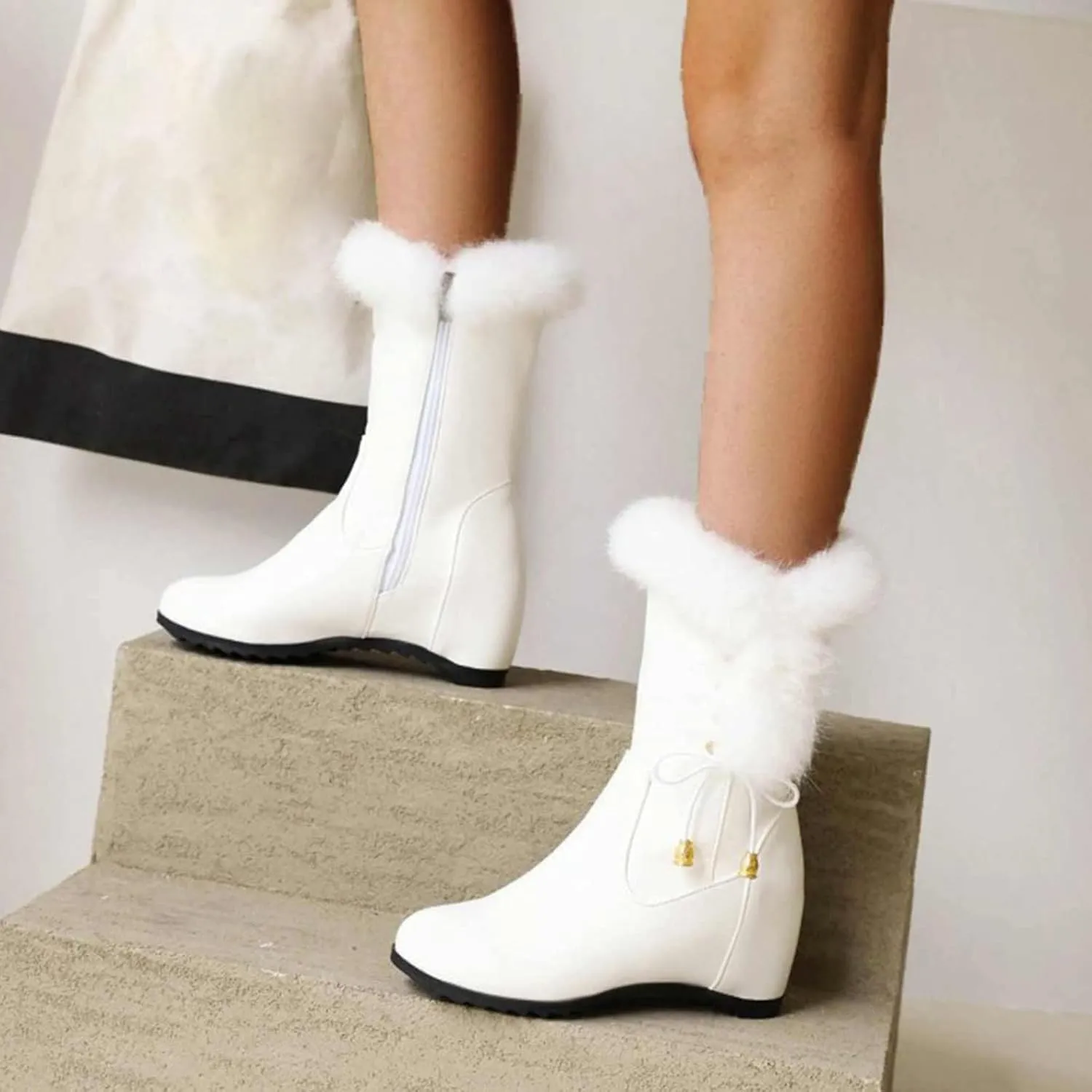 Furry Boots For Women Winter Warm Ankle Booties Side Zipper Wedge Snow Booties Round Toe Leather Furry Boots