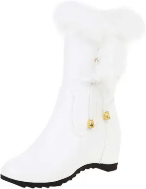 Furry Boots For Women Winter Warm Ankle Booties Side Zipper Wedge Snow Booties Round Toe Leather Furry Boots