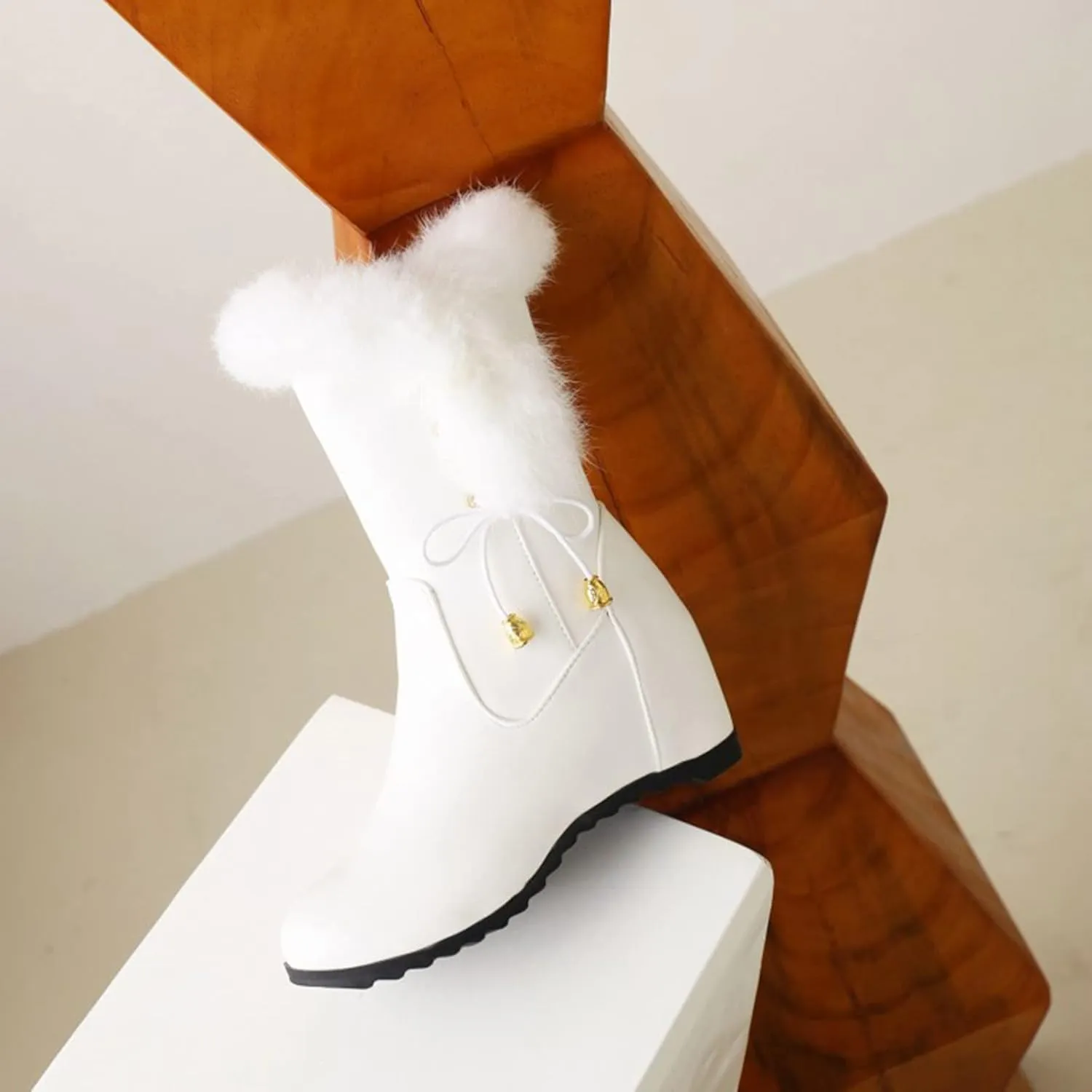 Furry Boots For Women Winter Warm Ankle Booties Side Zipper Wedge Snow Booties Round Toe Leather Furry Boots