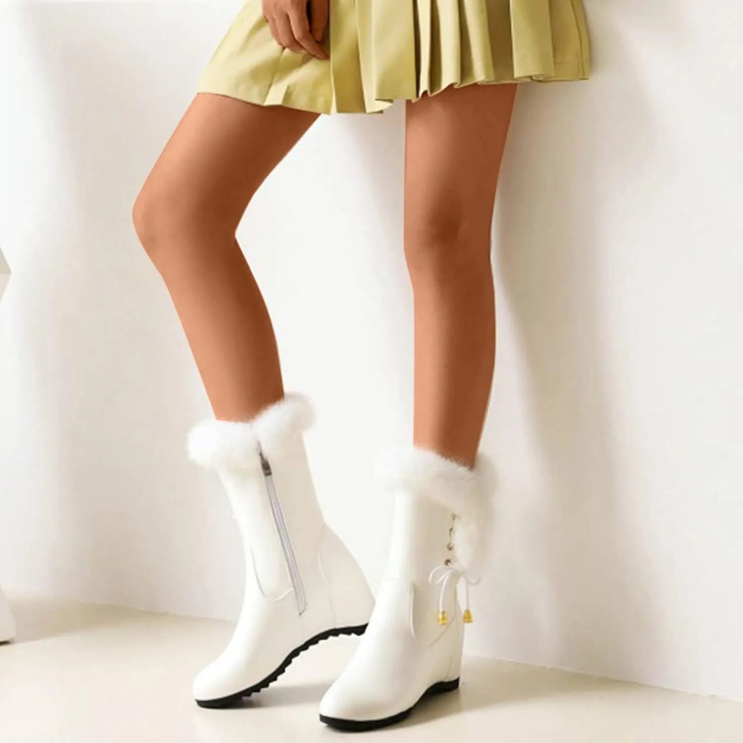 Furry Boots For Women Winter Warm Ankle Booties Side Zipper Wedge Snow Booties Round Toe Leather Furry Boots