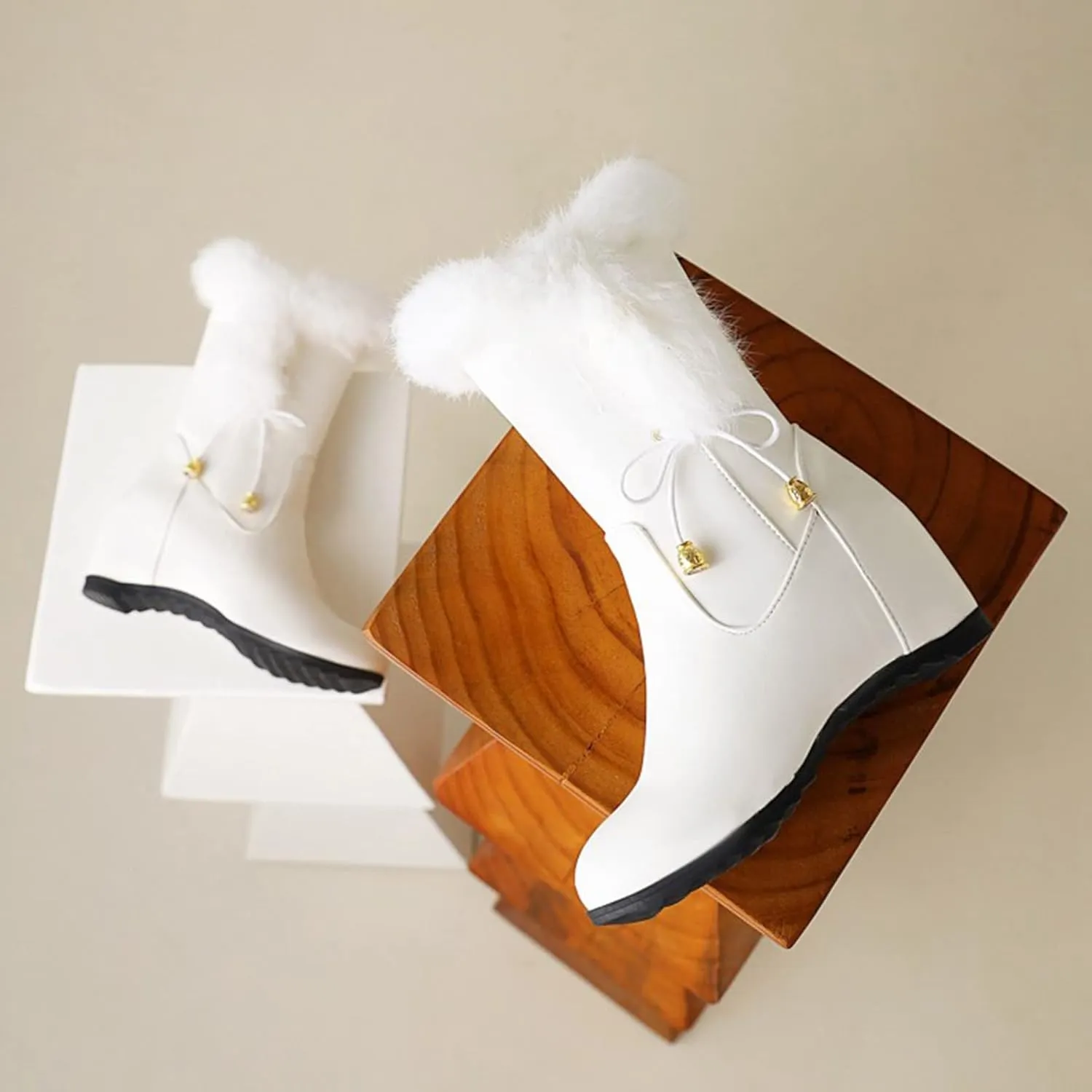 Furry Boots For Women Winter Warm Ankle Booties Side Zipper Wedge Snow Booties Round Toe Leather Furry Boots