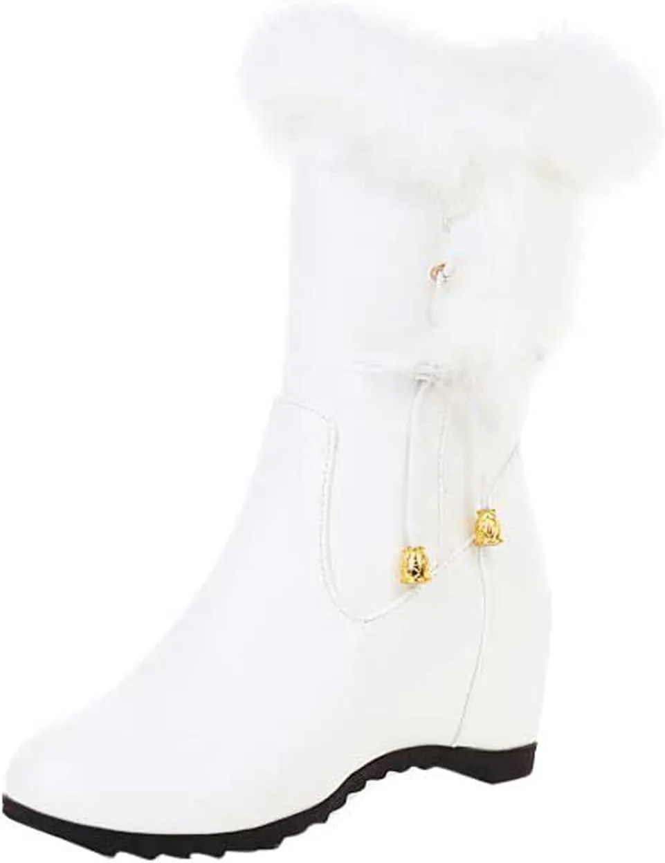 Furry Boots For Women Winter Warm Ankle Booties Side Zipper Wedge Snow Booties Round Toe Leather Furry Boots