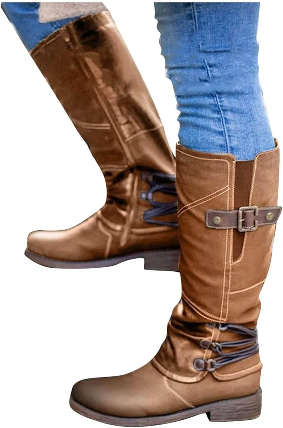 Gibobby Boots for Women Knee High,Mid Waterproof Calf Boots Retro Low Heel Middle Tube Boots Buckle Combat Motorcycle Boots