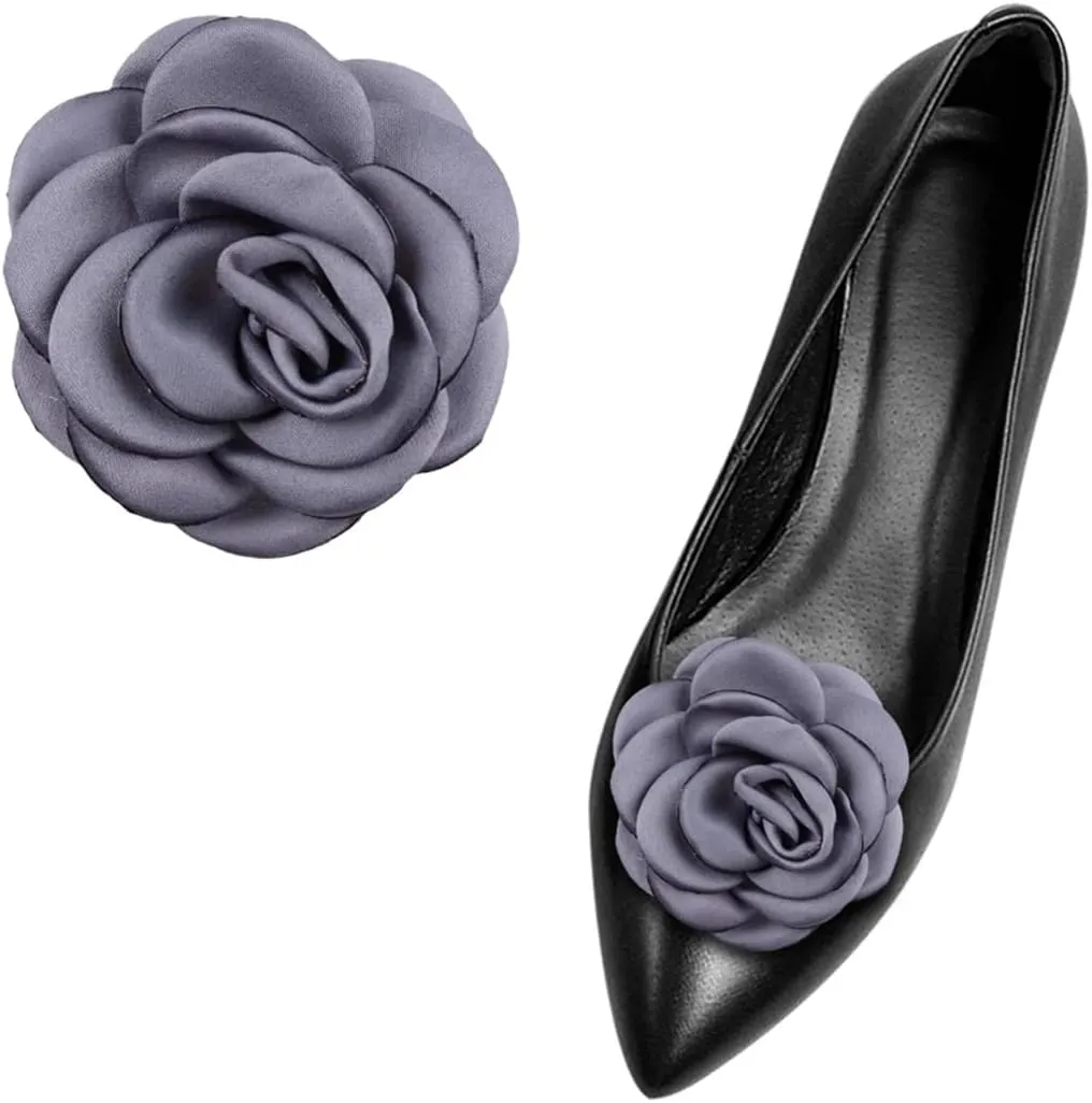 Gift girl 2 Pcs Fabric Rose Shoe Decoration Clips for High Heels Pumps Fabric Flower Shoe Clips Shoe Buckles Shoe Embellishments Dark Gray