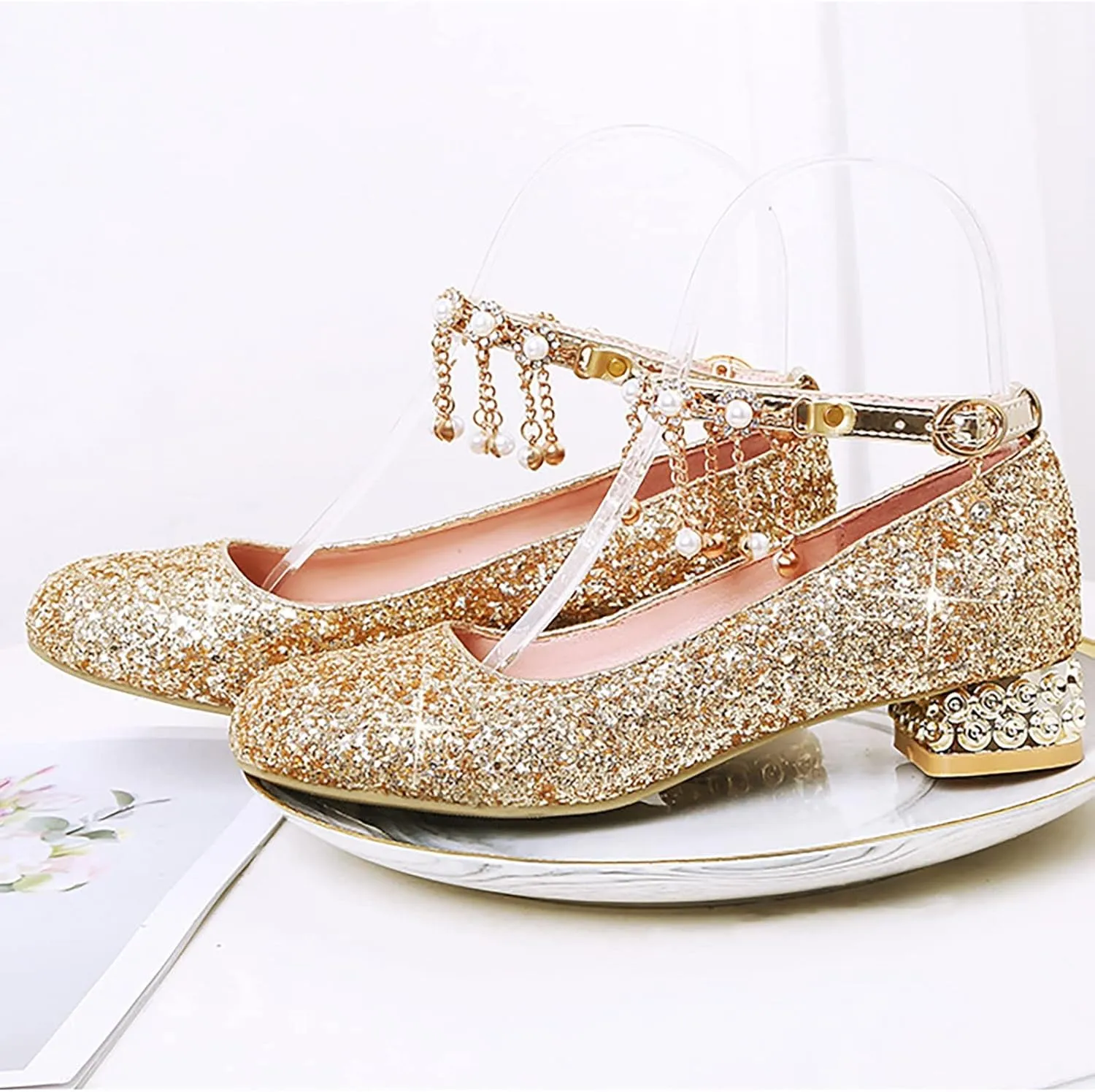 Girls Ankle Strap High Heels Big Kids Adorable ??parkle Mary Jane Dress Shoes Performance Wedding Pump Sandals