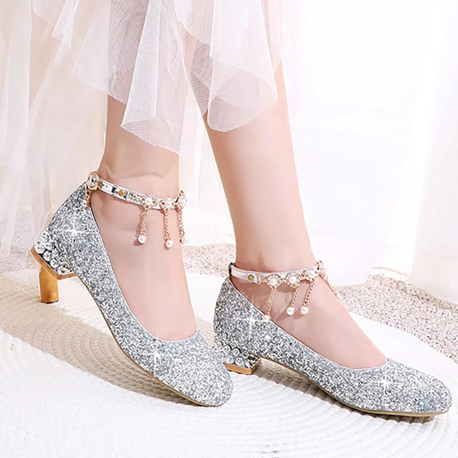 Girls Ankle Strap High Heels Big Kids Adorable ??parkle Mary Jane Dress Shoes Performance Wedding Pump Sandals
