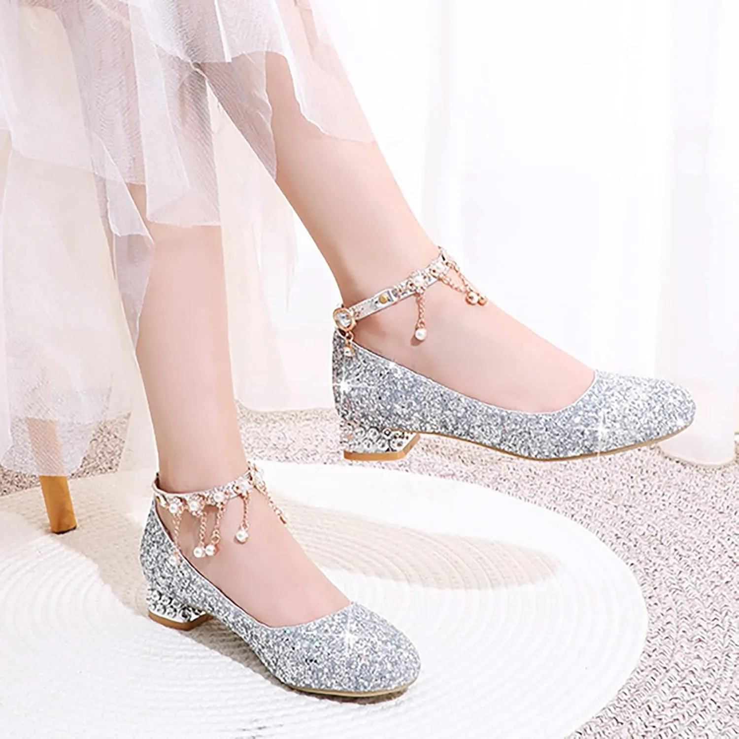 Girls Ankle Strap High Heels Big Kids Adorable ??parkle Mary Jane Dress Shoes Performance Wedding Pump Sandals