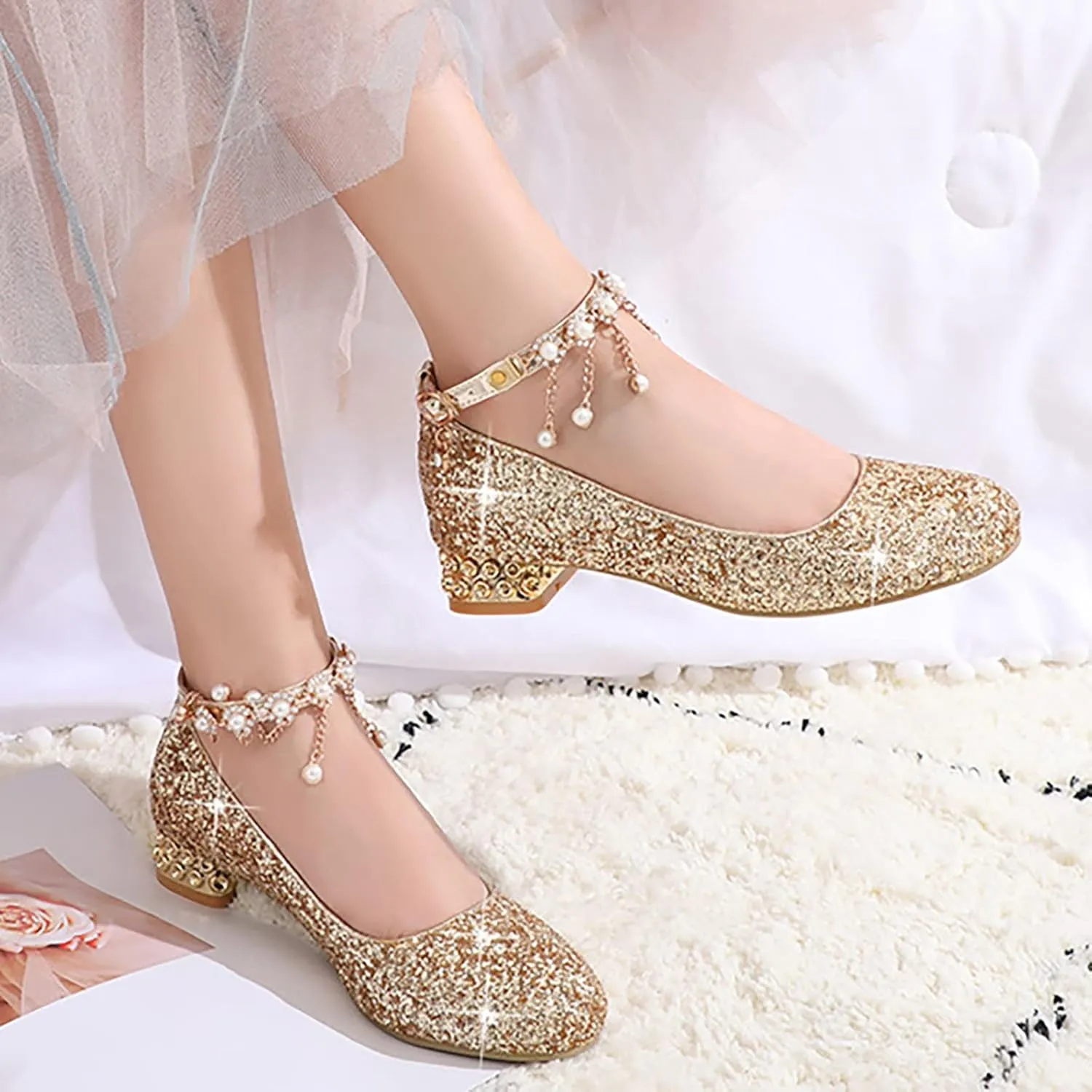 Girls Ankle Strap High Heels Big Kids Adorable ??parkle Mary Jane Dress Shoes Performance Wedding Pump Sandals