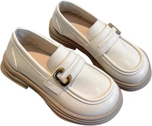 Girl's Platform Loafers Slip On Chunky Heel Leather Flat?? Round Toe School ??niform Dress Shoes with Metal Buckle