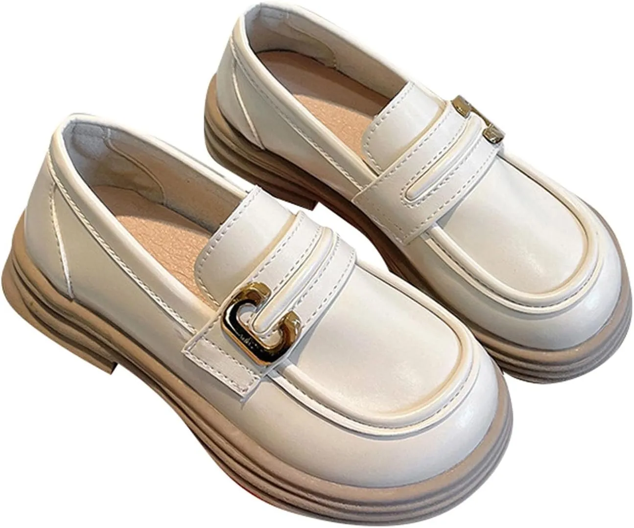 Girl's Platform Loafers Slip On Chunky Heel Leather Flat?? Round Toe School ??niform Dress Shoes with Metal Buckle