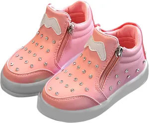 Kids Girls High Top Light Up Ankle Boots Toddler ??iamond ??mbellished Anti-Slip Sole Cute Zipper High Top Baby Shoes