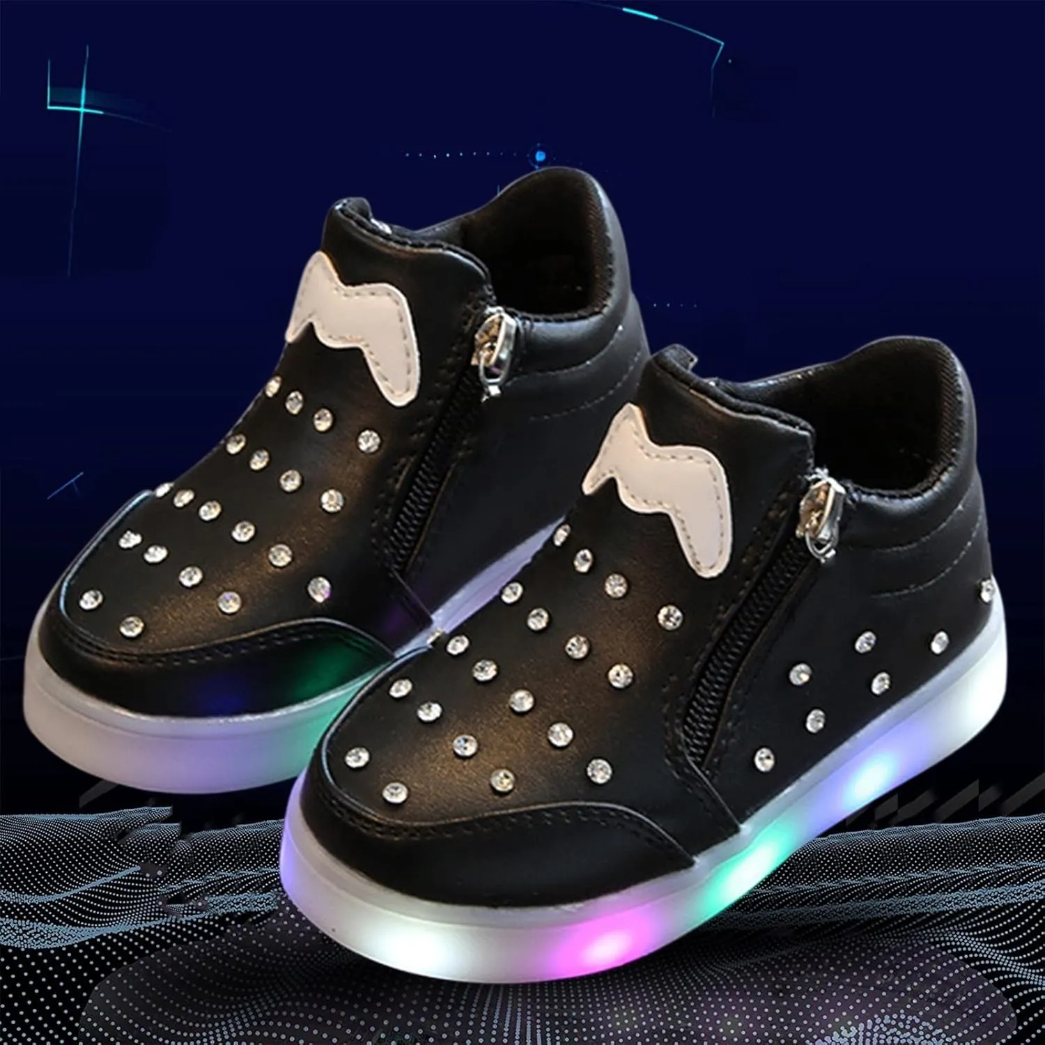 Kids Girls High Top Light Up Ankle Boots Toddler ??iamond ??mbellished Anti-Slip Sole Cute Zipper High Top Baby Shoes