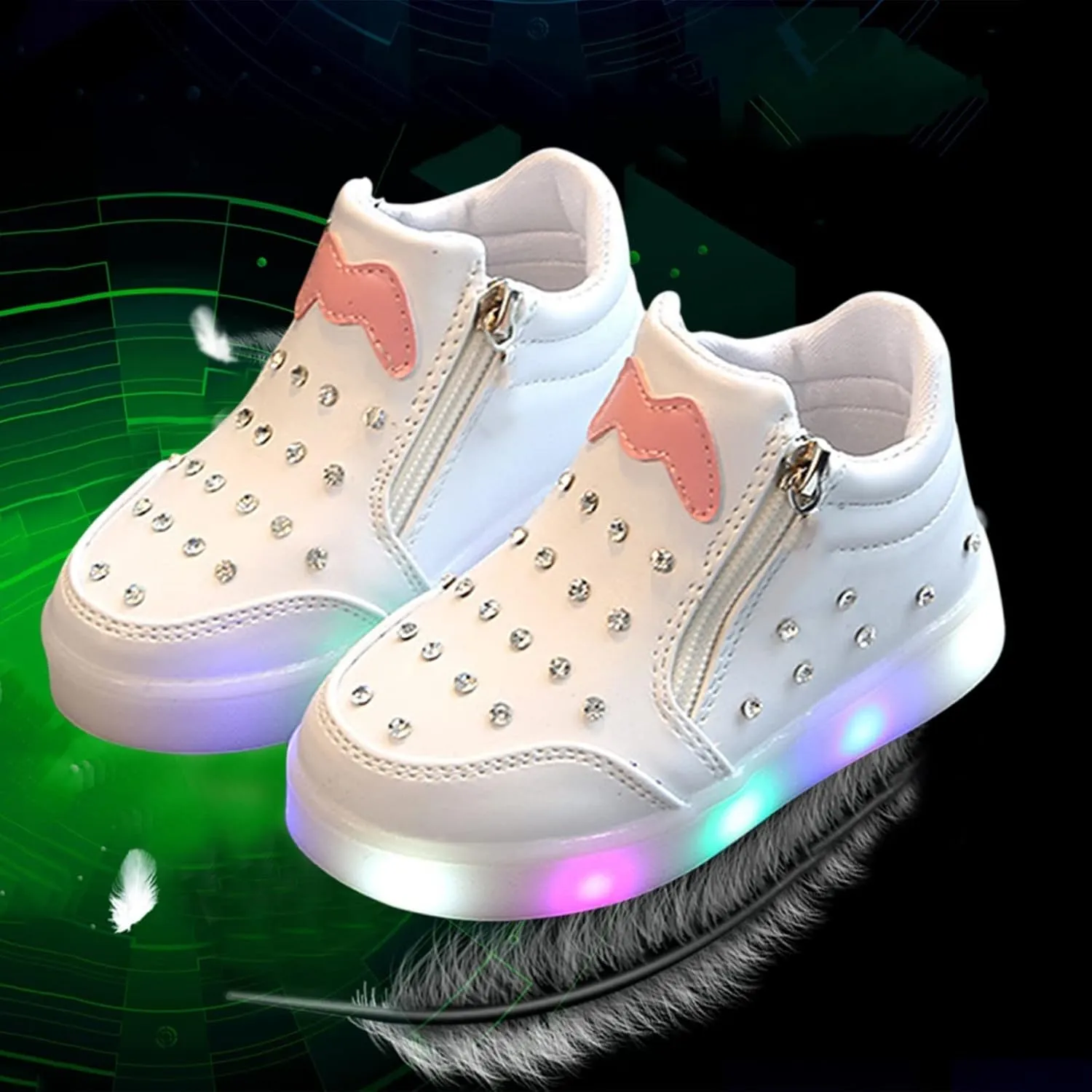 Kids Girls High Top Light Up Ankle Boots Toddler ??iamond ??mbellished Anti-Slip Sole Cute Zipper High Top Baby Shoes