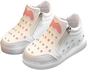Kids Girls High Top Light Up Ankle Boots Toddler ??iamond ??mbellished Anti-Slip Sole Cute Zipper High Top Baby Shoes