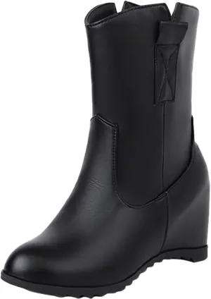 Knee High Boots Women Short Boots Solid Color Leather Round Toe Low Heel Mid Calf Boots Inner Height Western Boots