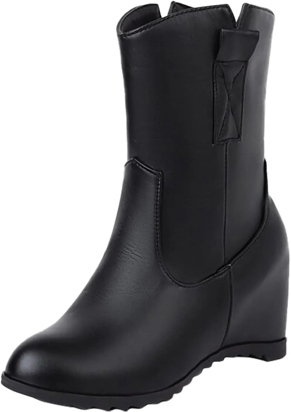 Knee High Boots Women Short Boots Solid Color Leather Round Toe Low Heel Mid Calf Boots Inner Height Western Boots