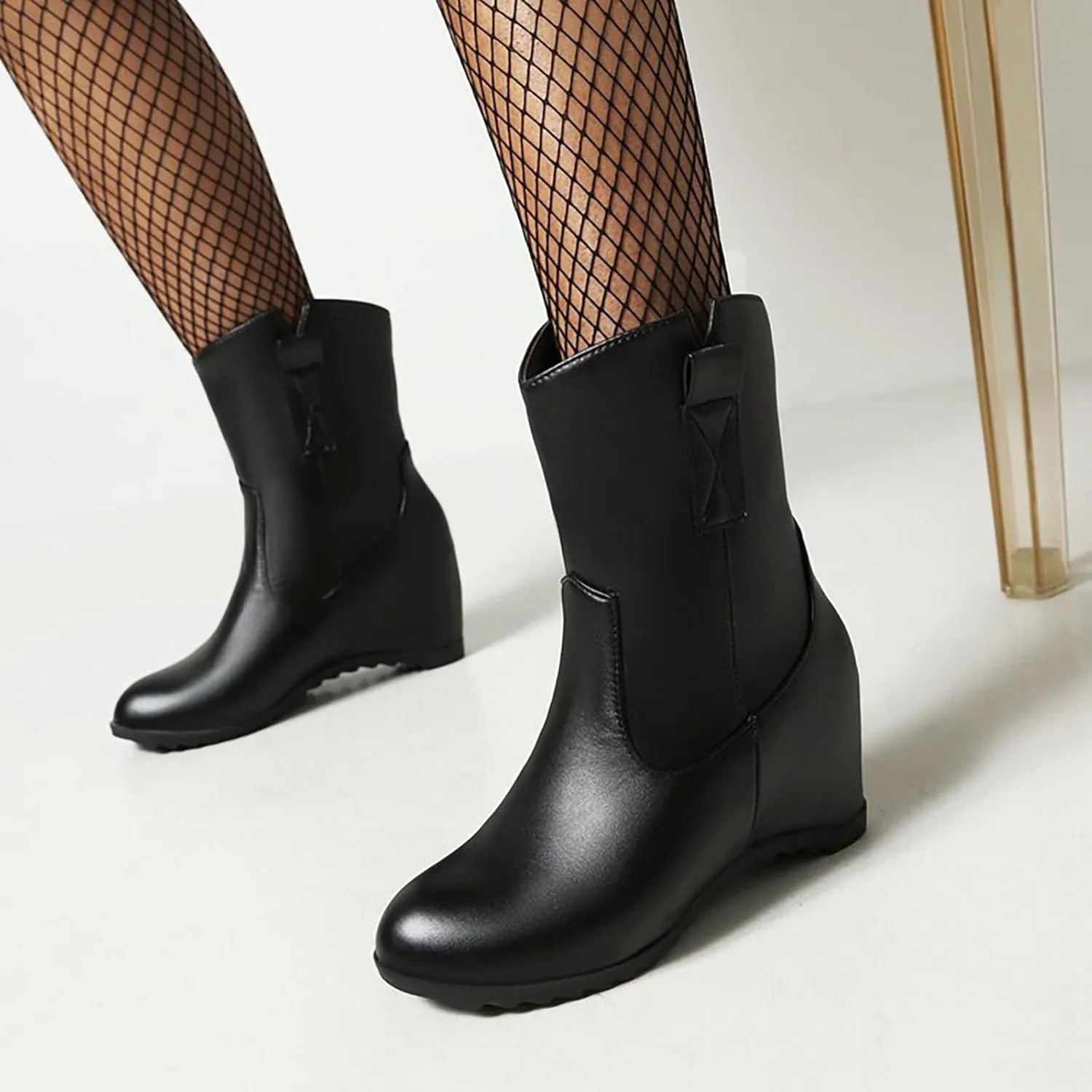 Knee High Boots Women Short Boots Solid Color Leather Round Toe Low Heel Mid Calf Boots Inner Height Western Boots