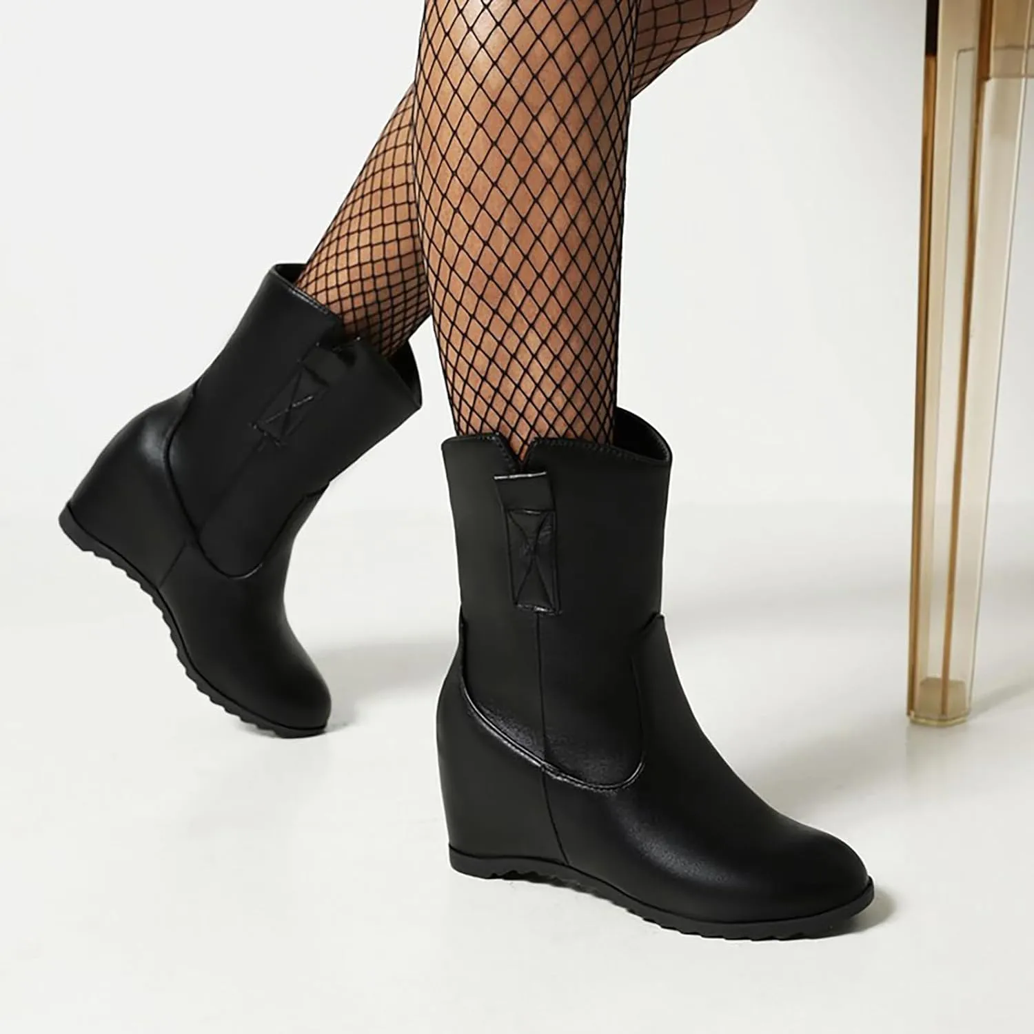 Knee High Boots Women Short Boots Solid Color Leather Round Toe Low Heel Mid Calf Boots Inner Height Western Boots