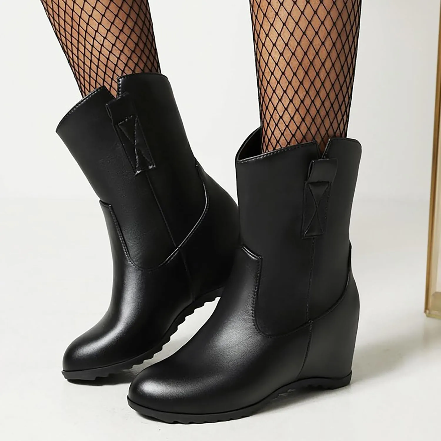 Knee High Boots Women Short Boots Solid Color Leather Round Toe Low Heel Mid Calf Boots Inner Height Western Boots