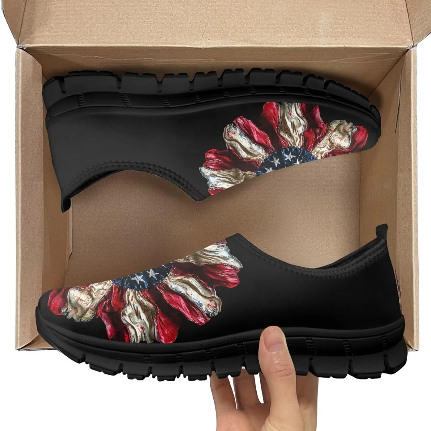 Low-Cut Flag Print Casual Shoes - Polyester Fabric, Non-Slip Walking Shoes Women's Tennis Shoes