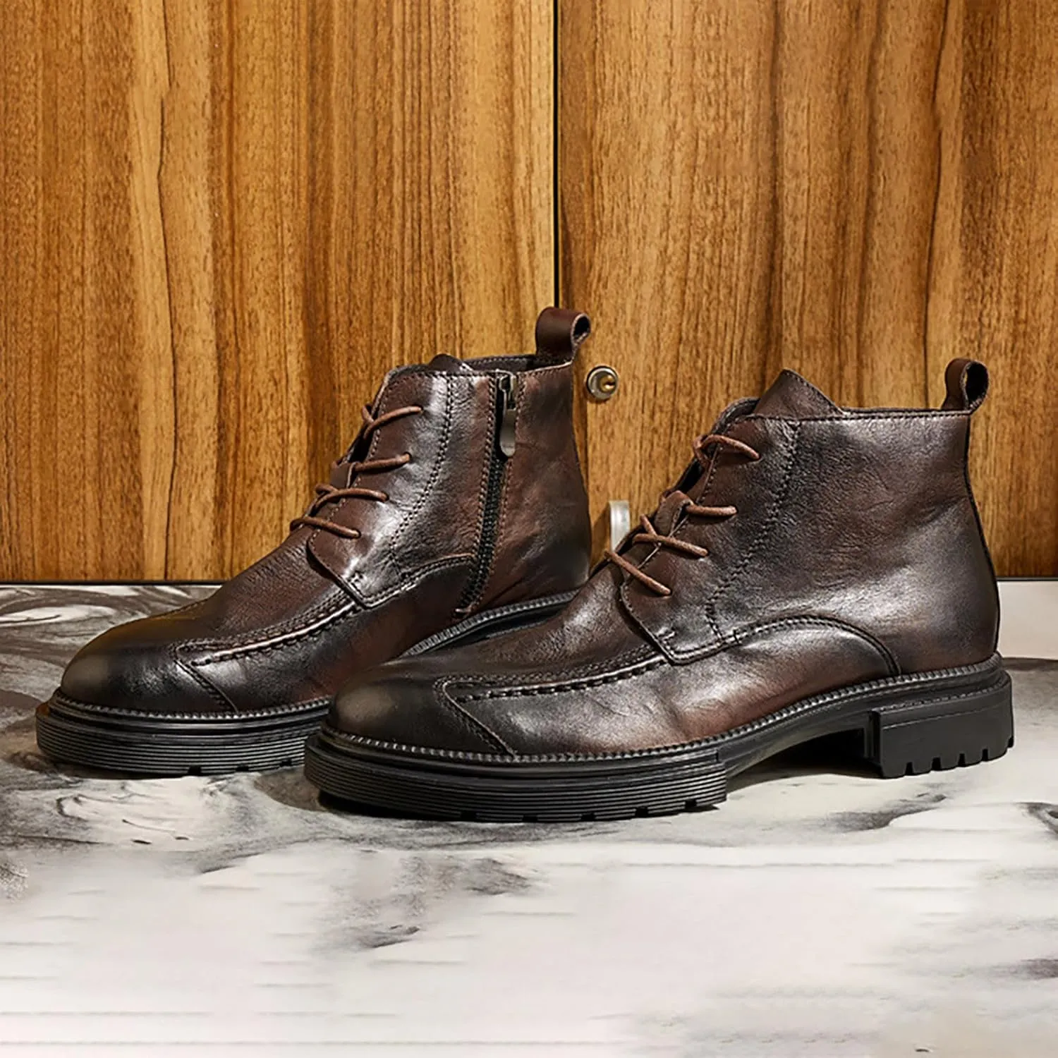 Men's Boots High Top Water Proof Round Toe Laced Up Casual Shoes Trendy and Versatile Vintage Leather British Stylish Men's Large Size Thick Bottom Ankle Boots