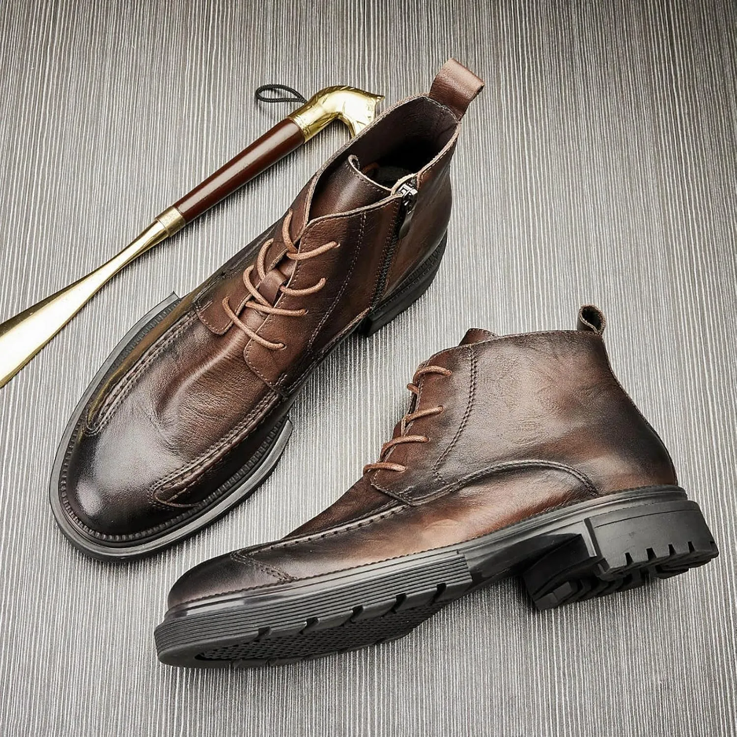 Men's Boots High Top Water Proof Round Toe Laced Up Casual Shoes Trendy and Versatile Vintage Leather British Stylish Men's Large Size Thick Bottom Ankle Boots
