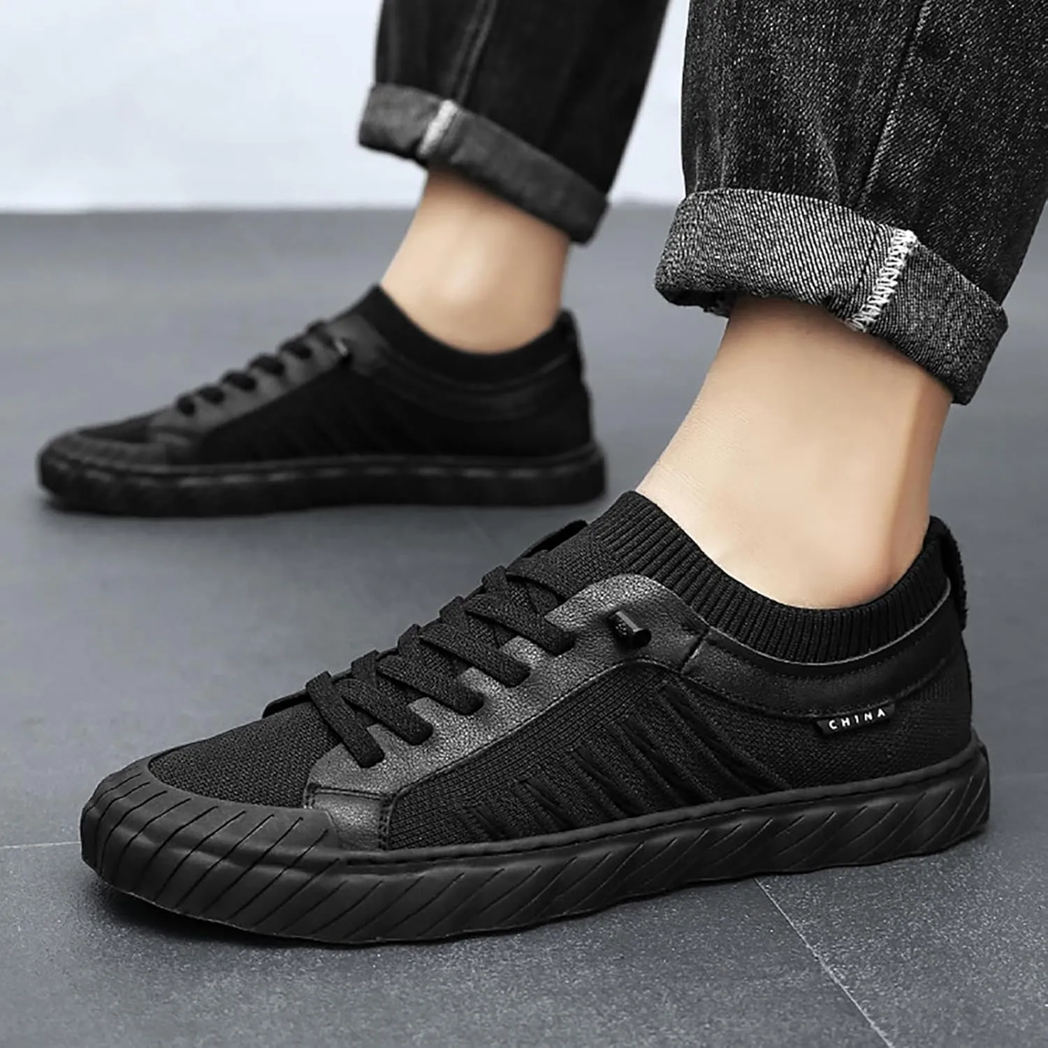 Men's Fashion Shoes Daily Working All Day Comfort Flat Sneakers for Men with Non Slip Comfortable Thick Sole Breathable Mesh Lace up Black Footwear Four Seasons Shoes Male
