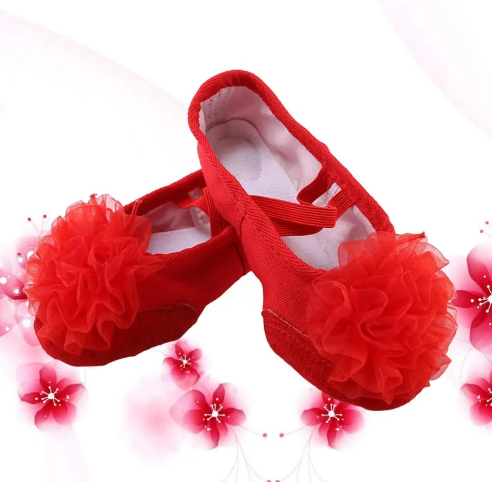 Milisten 1 Pair Little Girl Ballet Shoes Fabric Stretch Red Flower Dance Slipper for Kids
