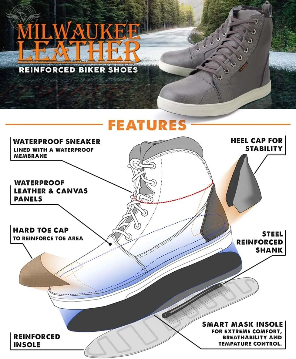 Milwaukee Leather MBM9003WP Men's Grey Leather and Canvas Reinforced Street Riding Waterproof Shoes with Ankle Support - 11