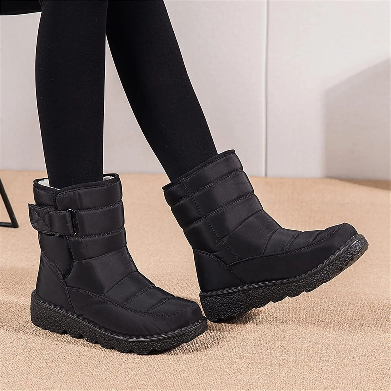 oiangi Quilted Snow Boots for Women Fashion Waterproof Round Toe Buckle Platform High Top Non-slip Ankle Booties Winter Comfy Warm Outdoor Ladies Shoes