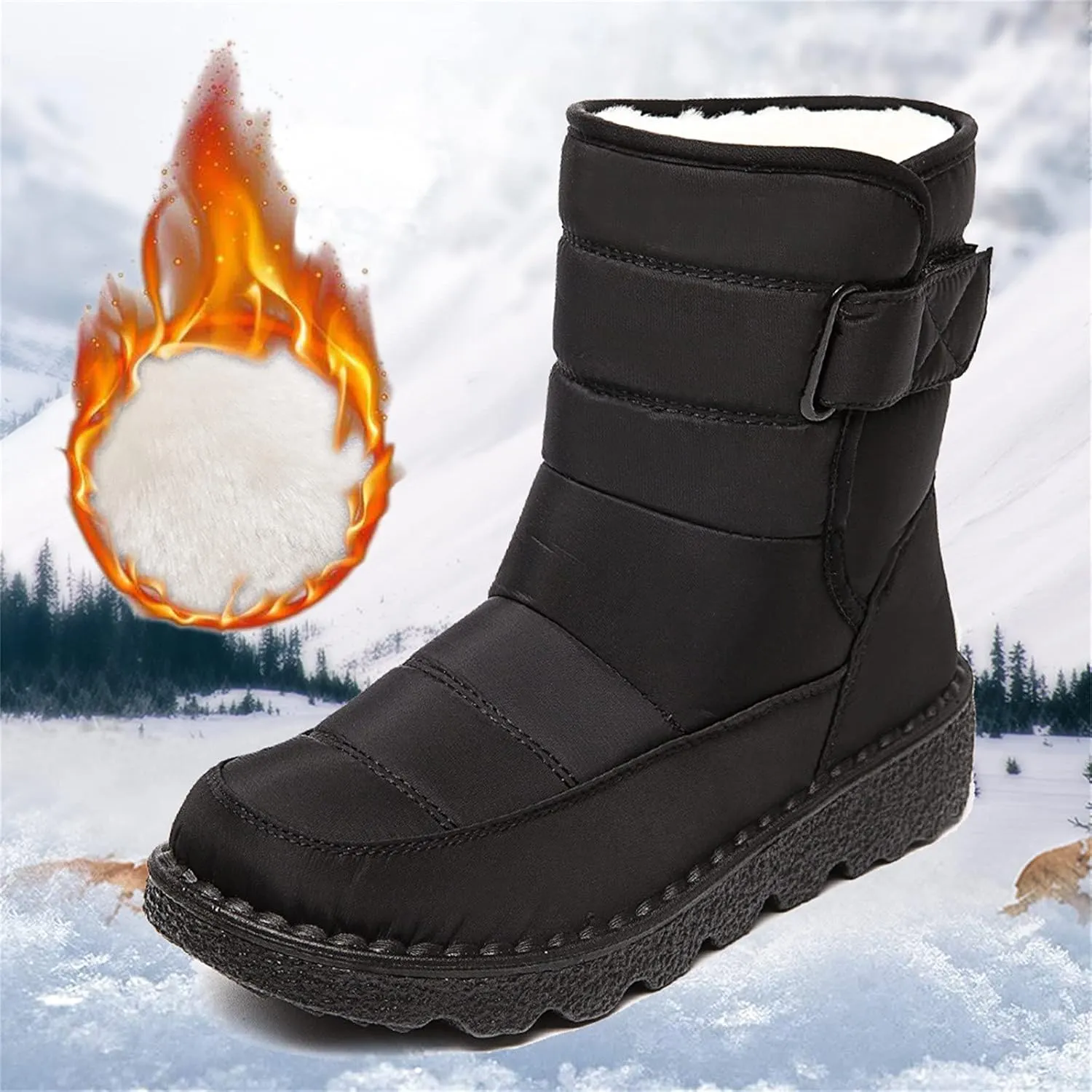 oiangi Quilted Snow Boots for Women Fashion Waterproof Round Toe Buckle Platform High Top Non-slip Ankle Booties Winter Comfy Warm Outdoor Ladies Shoes