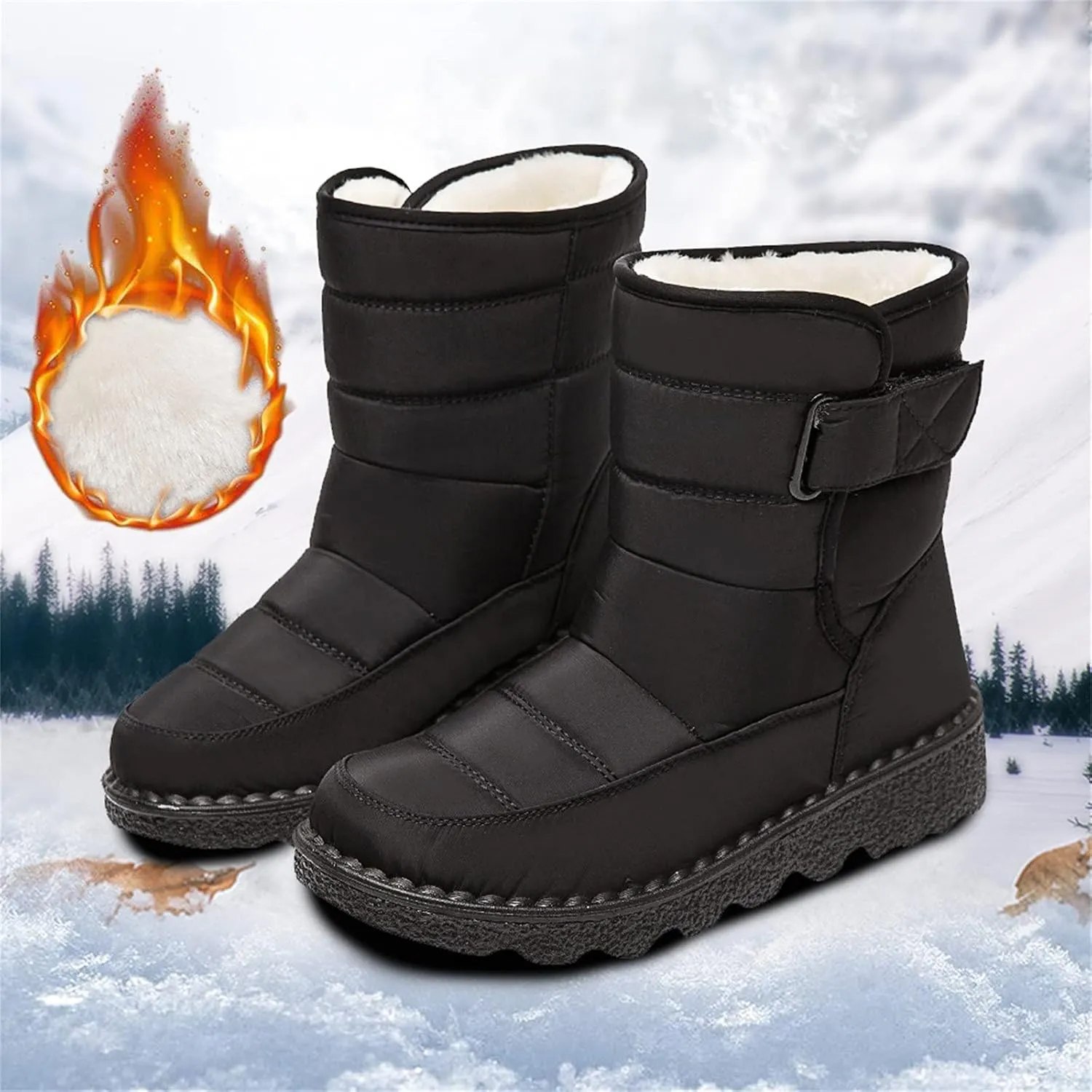 oiangi Quilted Snow Boots for Women Fashion Waterproof Round Toe Buckle Platform High Top Non-slip Ankle Booties Winter Comfy Warm Outdoor Ladies Shoes