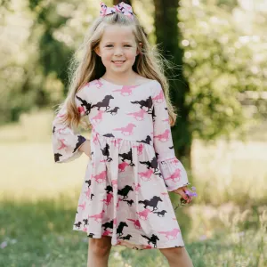 Pink Running Horse Bell Sleeve Dress Toddler (2T-5T)