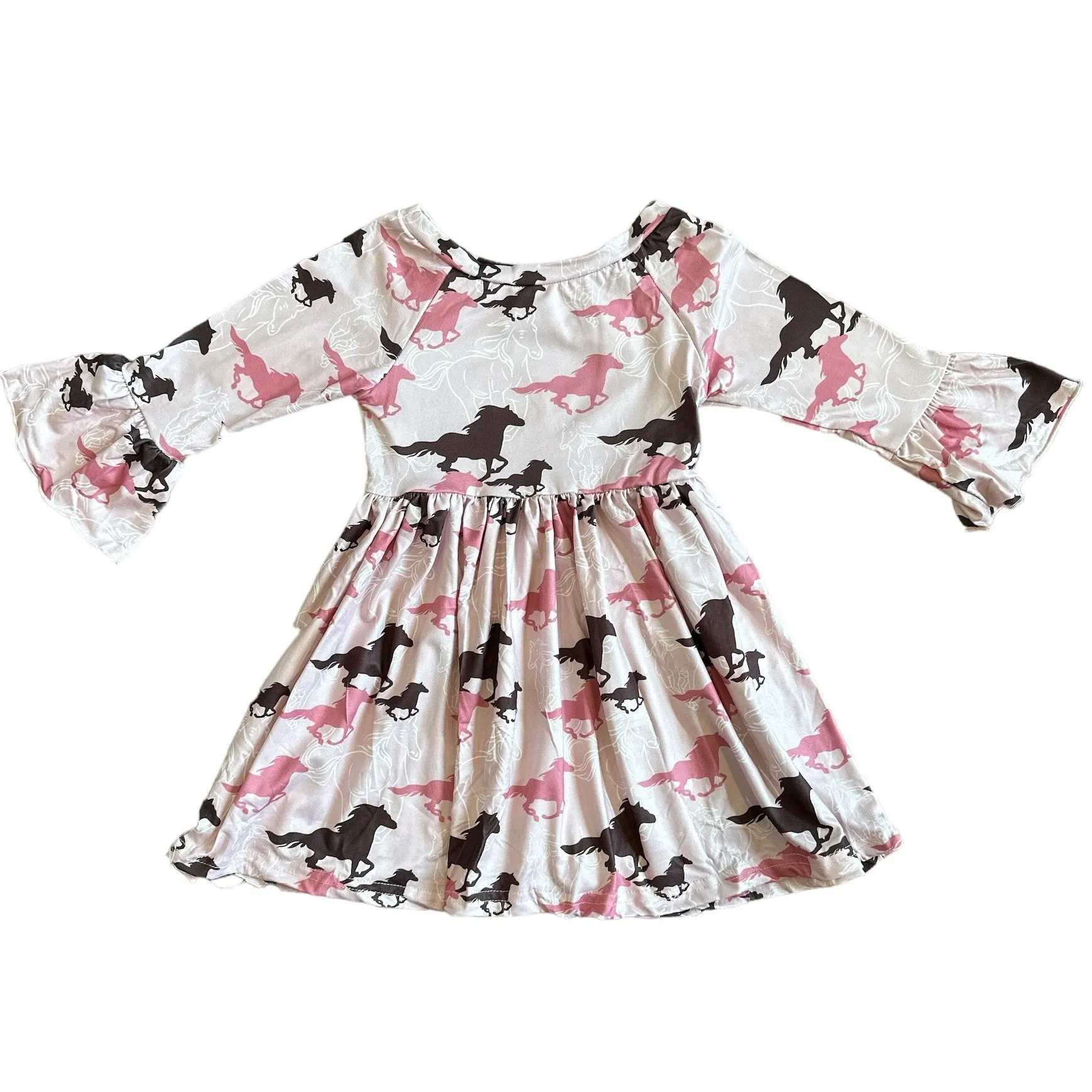 Pink Running Horse Bell Sleeve Dress Toddler (2T-5T)