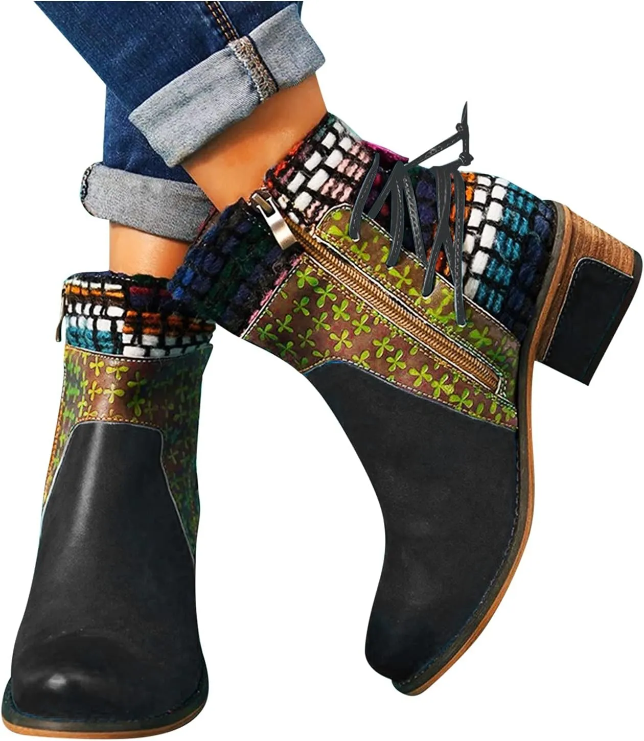 SBGMoSJ Mens Black Ankle Boots with Zipper Womens Low Wedge Heel Ankle Booties Fall Booties for Women 2023 No Heel Black Ankle Booties for Women Woman Boots