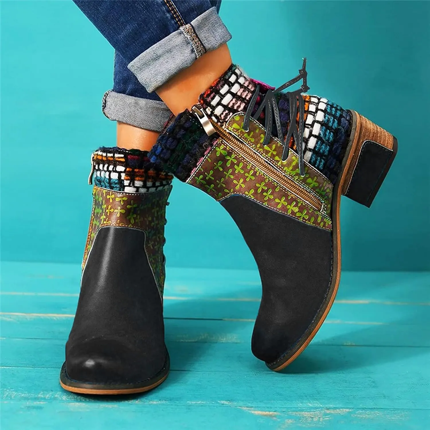 SBGMoSJ Mens Black Ankle Boots with Zipper Womens Low Wedge Heel Ankle Booties Fall Booties for Women 2023 No Heel Black Ankle Booties for Women Woman Boots