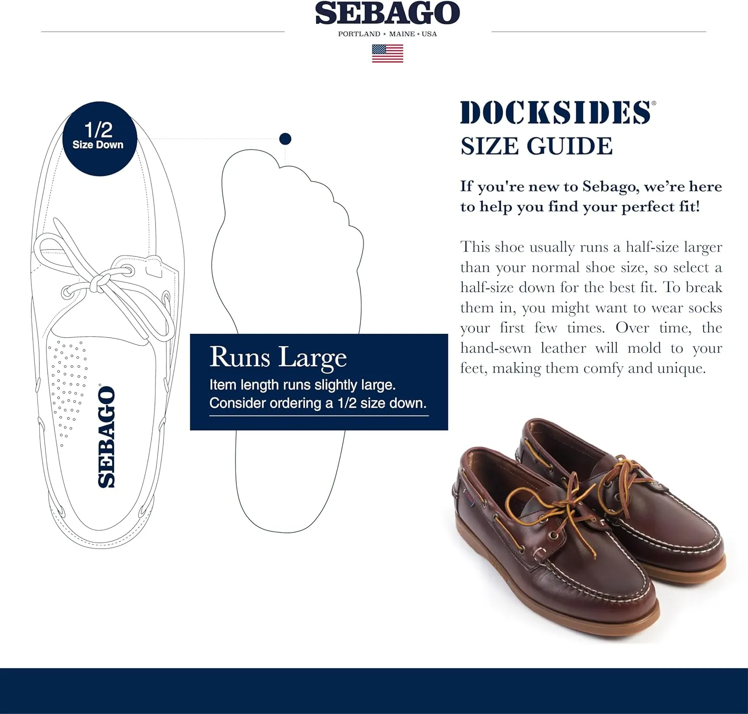 Sebago Portland Waxed Boat Shoes - Handsewn Waxed Leather Moccasins with Leather Sock Lining and Non-Marking, Slip-Resistant Rubber Outsoles