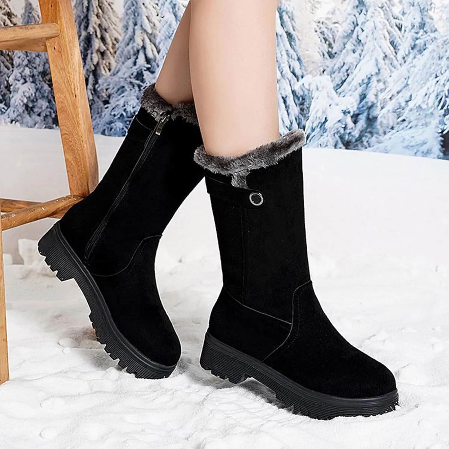Snow Boots for Women Fur Boots for Women Winter Women's Leather Boots Snow Boots Medium Heel Short Boots Medium Heel