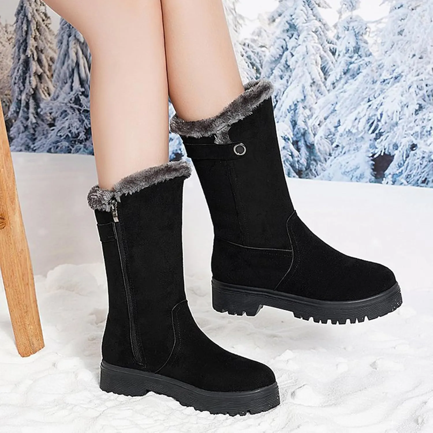 Snow Boots for Women Fur Boots for Women Winter Women's Leather Boots Snow Boots Medium Heel Short Boots Medium Heel