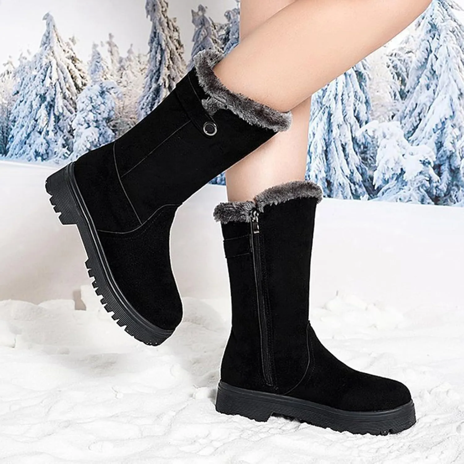 Snow Boots for Women Fur Boots for Women Winter Women's Leather Boots Snow Boots Medium Heel Short Boots Medium Heel