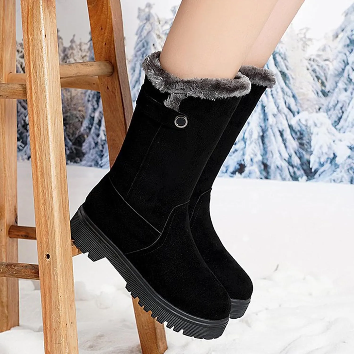 Snow Boots for Women Fur Boots for Women Winter Women's Leather Boots Snow Boots Medium Heel Short Boots Medium Heel