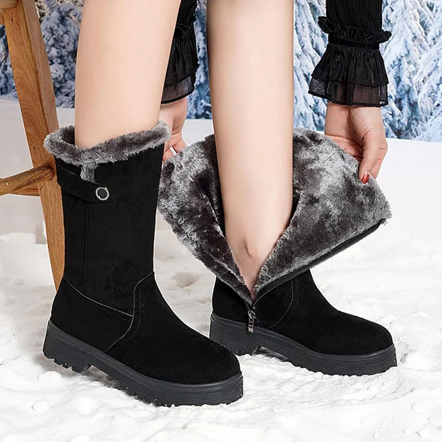 Snow Boots for Women Fur Boots for Women Winter Women's Leather Boots Snow Boots Medium Heel Short Boots Medium Heel