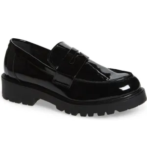 Steve Madden Lotto Black Leather Retro Lug Sole Low Chunky Heel Penny Loafer (9.5, BLACK)