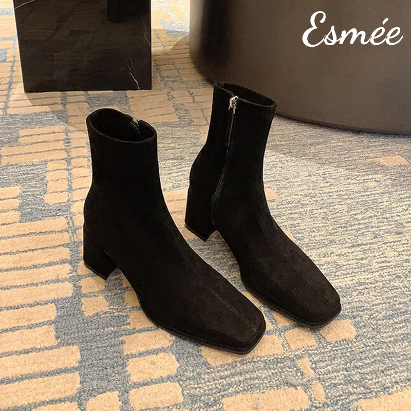 Suede High Heel Ankle Boots with Square Toe Design