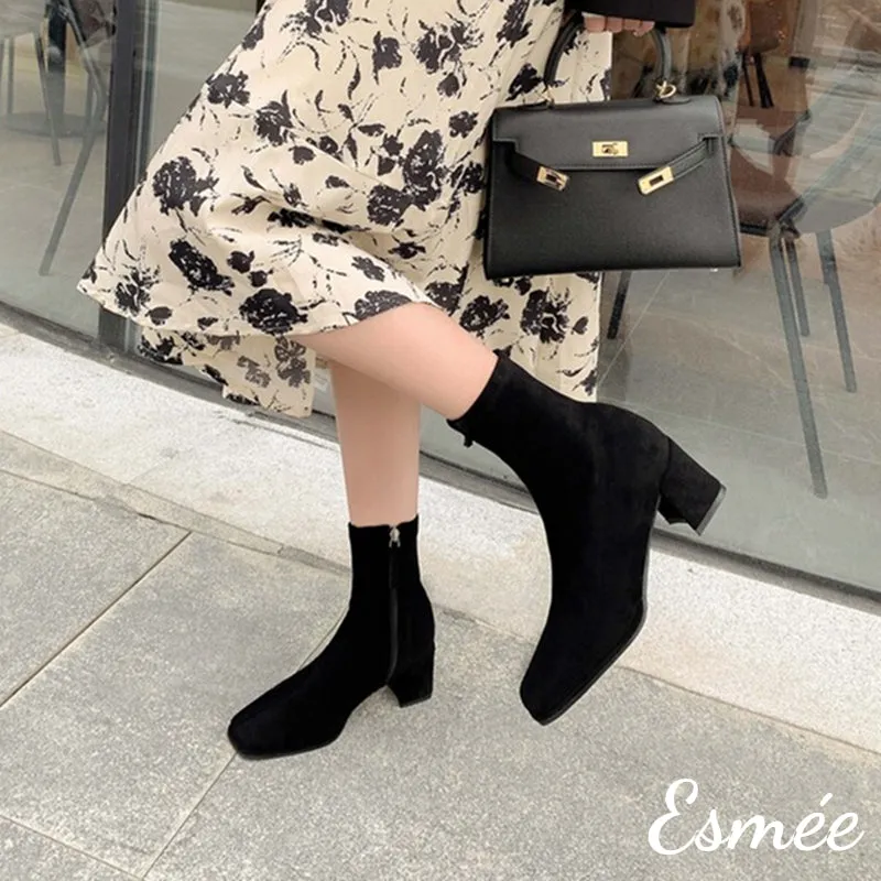 Suede High Heel Ankle Boots with Square Toe Design