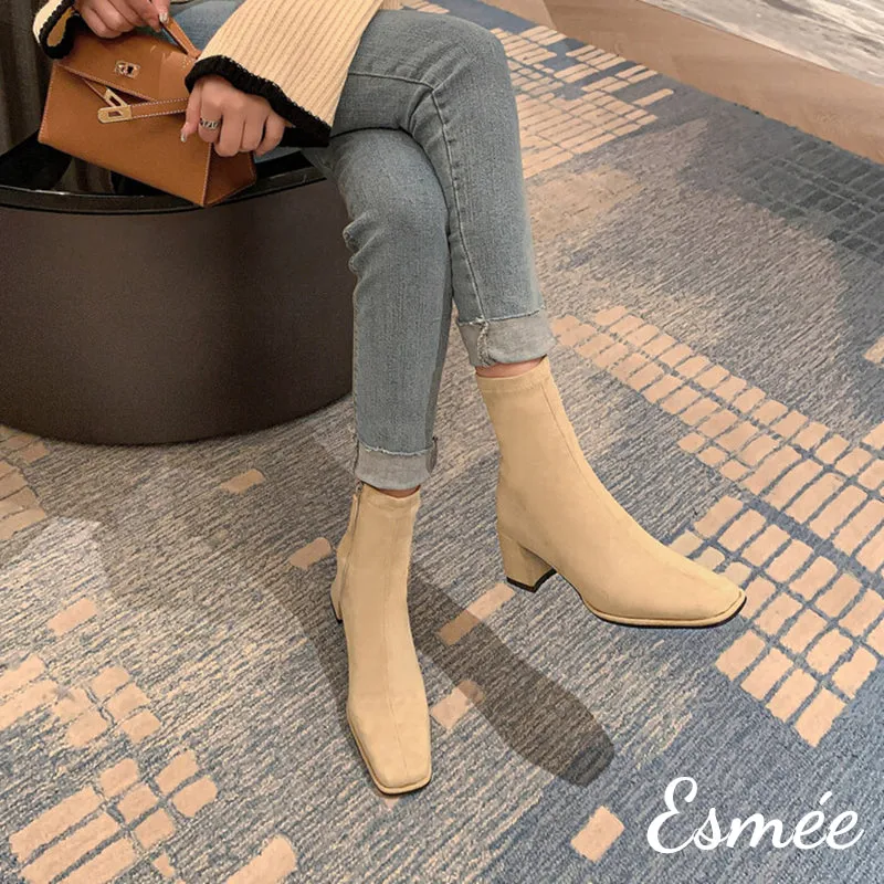 Suede High Heel Ankle Boots with Square Toe Design