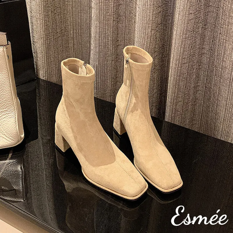 Suede High Heel Ankle Boots with Square Toe Design