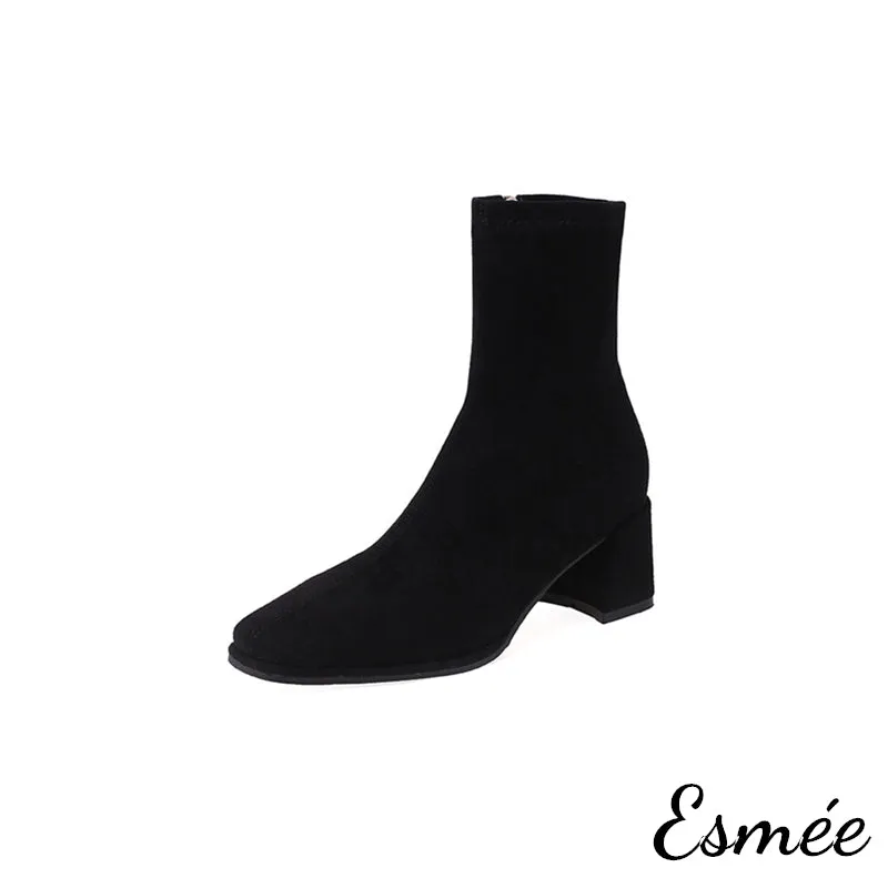 Suede High Heel Ankle Boots with Square Toe Design