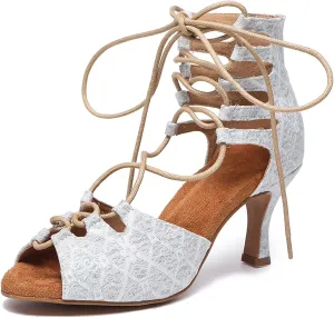 SWDZM Women's Lace Fabric Ballroom Latin Salsa Dance Shoes Ankle Dance Boots