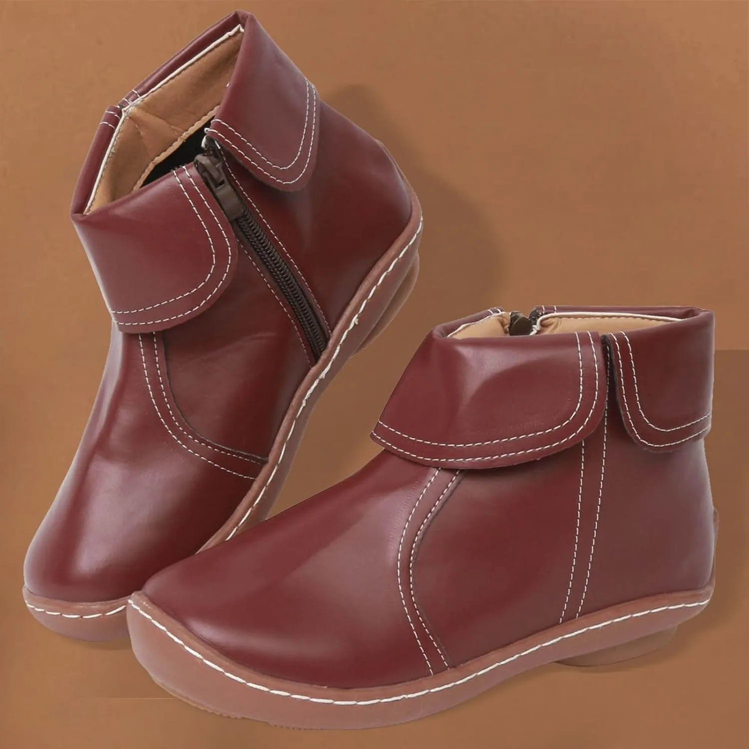 Vintage Women Ankle Boots Leather Platform Boots for Women Wide Calf Casual Fashion Round Toe Side Zipper Booties